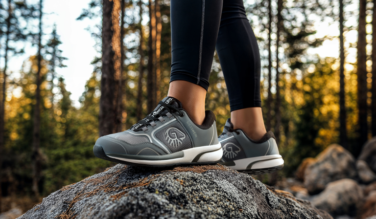 Nahaufnahme von Füßen in grauen Giesswein Outdoor-Wanderschuhen mit heller Sohle auf einem Felsen. Die Person trägt schwarze Leggings und steht in einem Wald bei goldenem Licht.