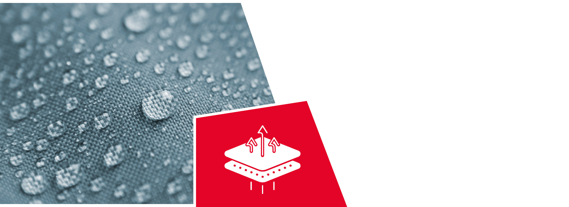 Wassertropfen auf wasserabweisendem Textil neben rotem Logo mit Atmungsaktivitäts-Symbol