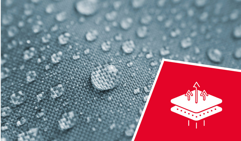 Wassertropfen auf wasserabweisendem Textil neben rotem Logo mit Atmungsaktivitäts-Symbol