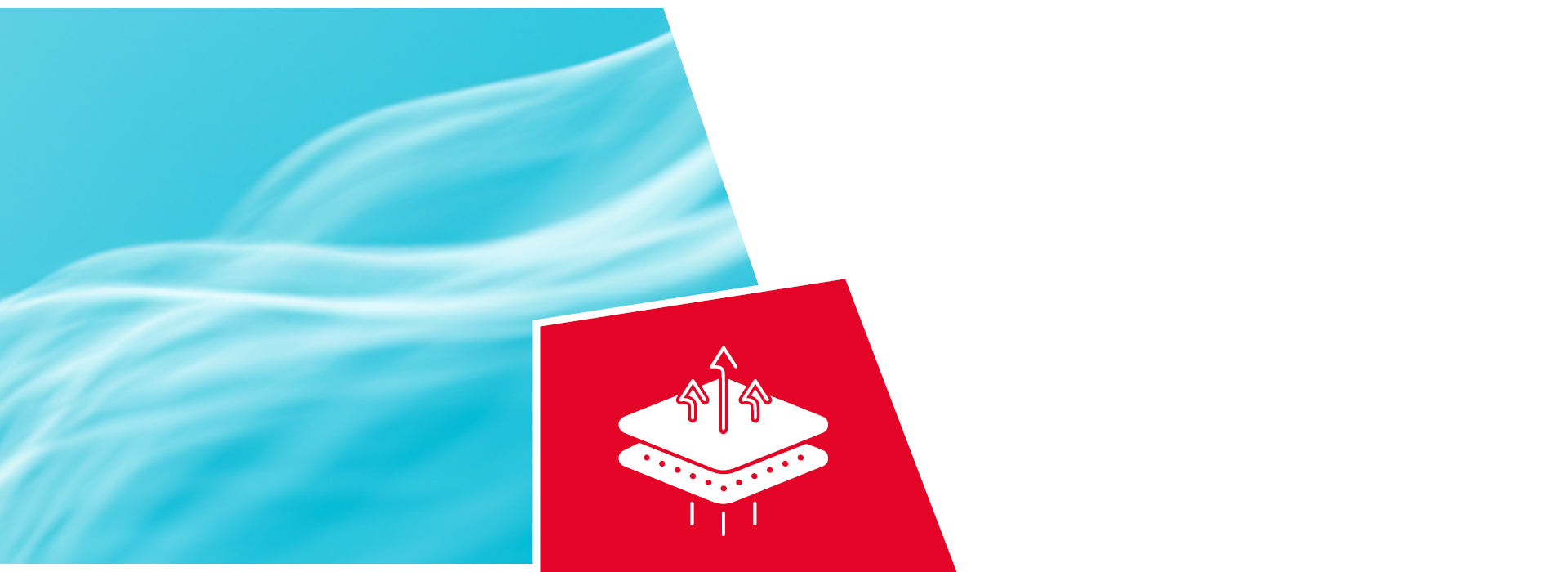 Türkisblauer Himmel mit weißen Wolken neben rotem Logo mit Atmungsaktivitäts-Symbol