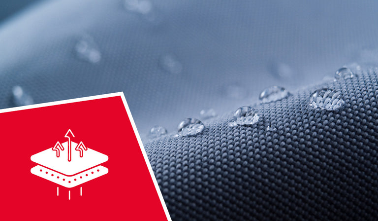 Rotes Schild mit weißem Atmungsaktivitäts-Symbol neben wasserabweisendem blauen Stoff mit Wassertropfen