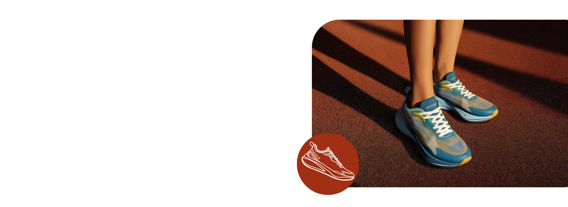 Nahaufnahme von Beinen in türkis-gelben Giesswein Laufschuhen mit weißen Schnürsenkeln auf einer roten Tartanlaufbahn. Starke Schatten durch Sonnenlicht sind sichtbar.