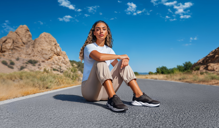 Junge Frau mit langen gelockten Haaren sitzt entspannt auf einer Straße in Wüstenlandschaft. Sie trägt ein weißes T-Shirt, beige Hosen und schwarze Giesswein Sneaker mit weißer Sohle. Im Hintergrund Felsformationen und blauer Himmel.
