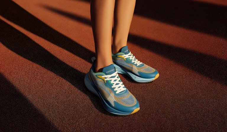 Nahaufnahme von Beinen in türkis-gelben Giesswein Laufschuhen mit weißen Schnürsenkeln auf einer roten Tartanlaufbahn. Starke Schatten durch Sonnenlicht sind sichtbar.