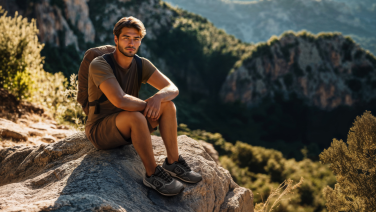 Lächelnder Mann in olivgrünem Shirt sitzt auf Felsvorsprung in Berglandschaft.