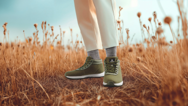 Füße in olivgrünen Sneakern und grauen Socken stehen in hohem, goldenem Herbstgras. Die Person trägt eine beige Hose.