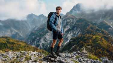 Junger Mann mit Rucksack steht auf einem felsigen Berggipfel. Er trägt eine Jacke, Shirt, Shorts und Wanderstiefel. Im Hintergrund erstreckt sich eine dramatische Berglandschaft mit bewaldeten Hängen und nebelverhangenen Gipfeln.
