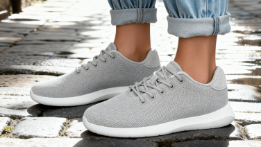 Füße in aufgerollter Jeans und hellgraue Sneakers mit weißer Sohle auf nassem Kopfsteinpflaster.