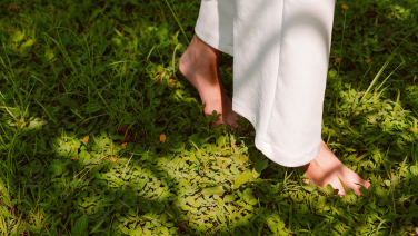 Person in weißer Hose geht in üppiger grüner Vegetation und berührt mit beiden Händen junge Pflanzen. Die Szene zeigt eine natürliche Gartenumgebung mit verschiedenen Grünpflanzen, Gräsern und Wildkräutern in unterschiedlichen Grüntönen.