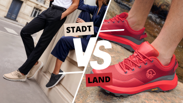 Vergleich zwischen Giesswein Alltagssneaker und Outdoor-Wanderschuh: Links Person in Business-Kleidung mit beigen und schwarzen Sneakern in urbanem Umfeld, rechts rote Giesswein Wanderschuhe mit Vibram-Sohle auf Felsuntergrund