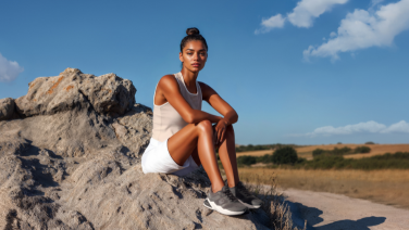 Frau sitzt auf einem Felsen in sommerlicher Landschaft unter blauem Himmel. Sie trägt ein weißes Sporttop, weiße Shorts und graue Giesswein Sneaker.