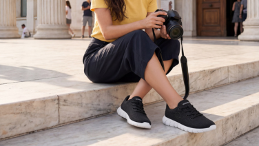 Frau in gelbem T-Shirt und dunkler 3/4 Hose sitzt auf Marmorstufen vor einem Säulengebäude und hält eine Kamera. Sie trägt schwarze Giesswein Wool Sneaker mit weißer Sohle.