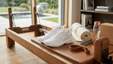 Ein Paar weiße Giesswein Sport-Sneaker auf einem Pilates-Reformer, daneben eine aufgerollte Yogamatte, eine Trinkflasche, ein Korkblock und ein Lederband.