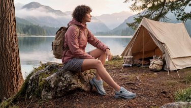 Frau mit Rucksack sitzt auf einem Felsen an einem Bergsee vor einem Zelt, trägt graue Giesswein Sneaker.
