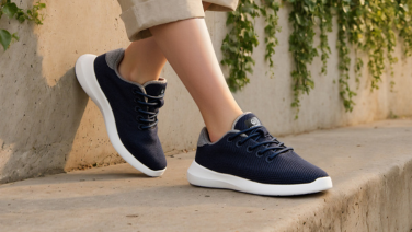 Detailaufnahme zweier dunkelblauer Giesswein Merino Wolle Sneaker mit weißer Sohle und grauem Fersenbesatz an den Füßen einer Person auf einer Steinstufe.