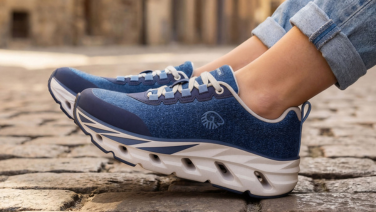 Nahaufnahme eines blauen Giesswein Merino-Sneakers mit strukturierter weißer Sohle auf Kopfsteinpflaster.