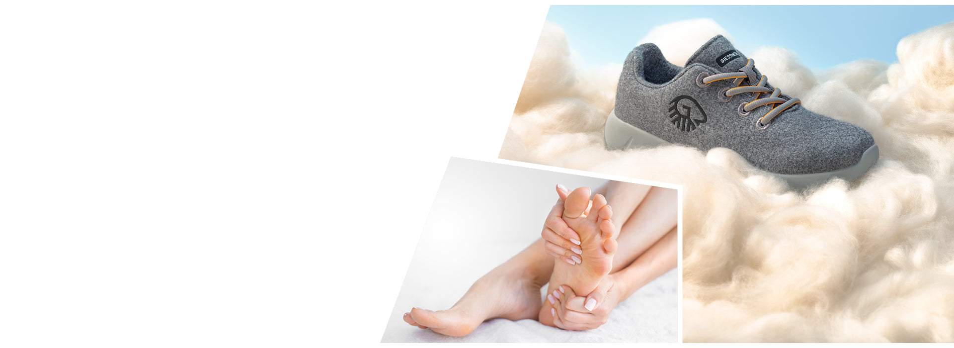 Ein grauer Merino-Sneaker mit hellgrauer Sohle und Schnürsenkeln (Merino Runners von Giesswein) liegt eingebettet in weicher, wolkenartiger Wolle vor blauem Himmel – Symbol für Leichtigkeit und Komfort. Im unteren Bildabschnitt hält eine Person mit gepflegten Händen ihren Fuß schützend in der Hand – Hinweis auf Fußgesundheit und Wohlbefinden.
