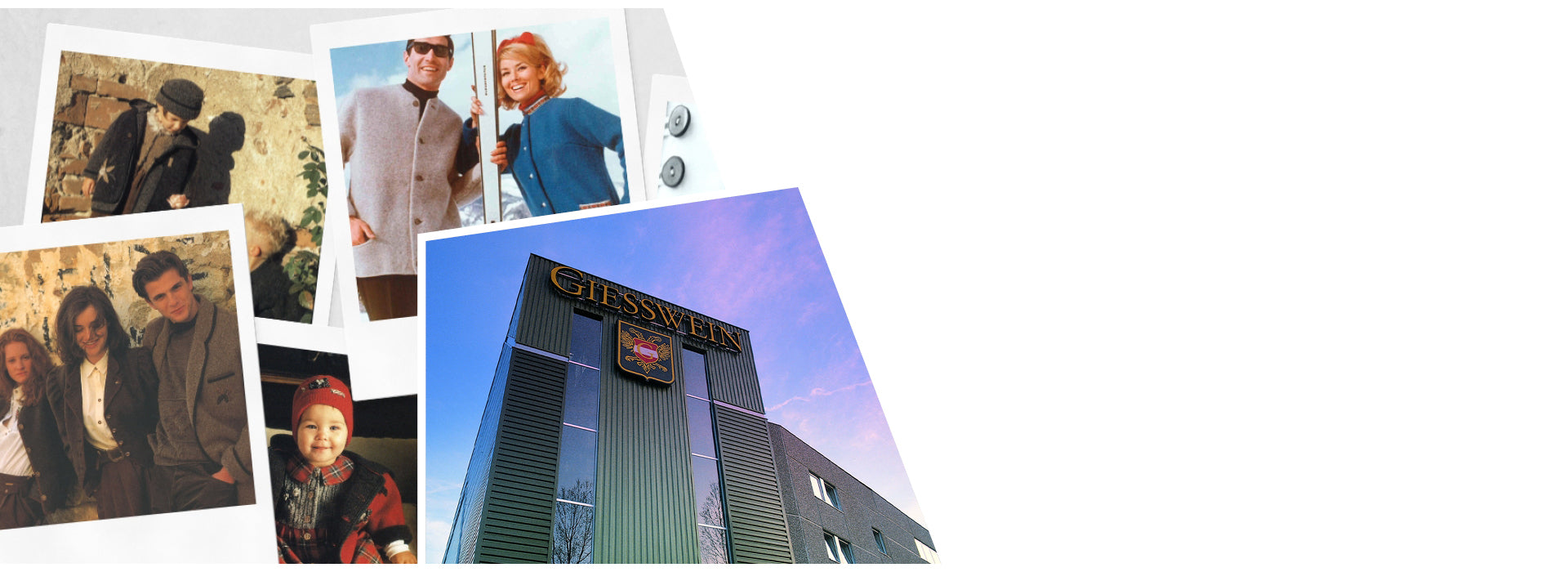 Collage aus alten und neuen Bildern: Mehrere Retro-Fotografien zeigen Menschen in traditioneller oder modischer Kleidung aus vergangenen Jahrzehnten, darunter auch ein Kleinkind in Trachtenoutfit. Rechts daneben ein aktuelles Foto der Giesswein-Unternehmenszentrale mit modernem Glasbau und großem Giesswein-Logo.