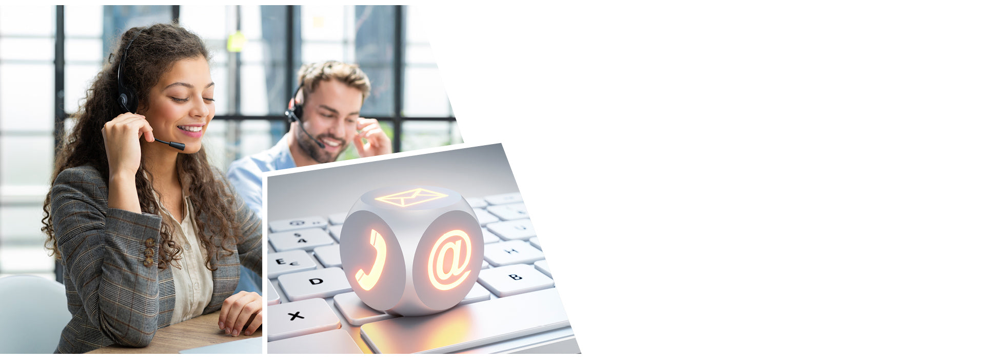 Zwei freundliche Kundenservice-Mitarbeitende mit Headsets sitzen vor einem Laptop in einem hellen Büro. Links vorne eine junge Frau mit lockigem Haar, rechts im Hintergrund ein Mann mit Bart. Im Vordergrund ein schräg eingeblendeter Würfel mit Symbolen für Telefon, E-Mail und @-Zeichen auf einer Computertastatur – als Symbol für Erreichbarkeit und Kundenkontakt.
