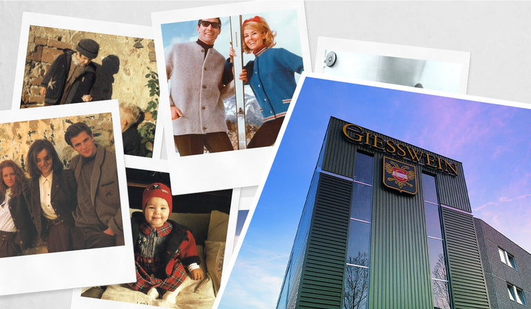 Collage aus alten und neuen Bildern: Mehrere Retro-Fotografien zeigen Menschen in traditioneller oder modischer Kleidung aus vergangenen Jahrzehnten, darunter auch ein Kleinkind in Trachtenoutfit. Rechts daneben ein aktuelles Foto der Giesswein-Unternehmenszentrale mit modernem Glasbau und großem Giesswein-Logo.