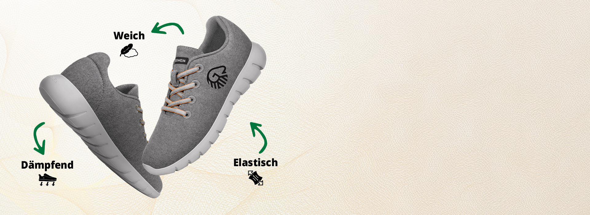 Zwei graue Giesswein-Sneaker mit weißer Sohle (Merino Runners von Giesswein) schweben nebeneinander vor hellem Hintergrund. Um die Schuhe herum befinden sich drei beschreibende Begriffe mit Symbolen: „Dämpfend“ (unten links, mit Schuhsymbol und Bewegungslinien), „Weich“ (oben, mit Wolken- und Hutfeder-Symbol) und „Elastisch“ (unten rechts, mit Dehnpfeil-Symbol). Die grüne Farbgebung der Pfeile betont die positiven Eigenschaften des Schuhs.