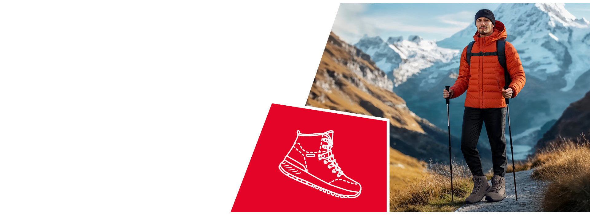 Ein Wanderer steht auf einem schmalen Pfad in den Alpen, umgeben von schneebedeckten Gipfeln und felsigen Berghängen. Er trägt eine orange Daunenjacke, dunkle Hose, Mütze und robuste Wanderschuhe (Merino Leather Alpine von Giesswein). In den Händen hält er zwei Trekkingstöcke. In der unteren Ecke des Bildes ist ein rotes Symbolfeld mit einer weißen Zeichnung eines Wanderschuhs eingeblendet.