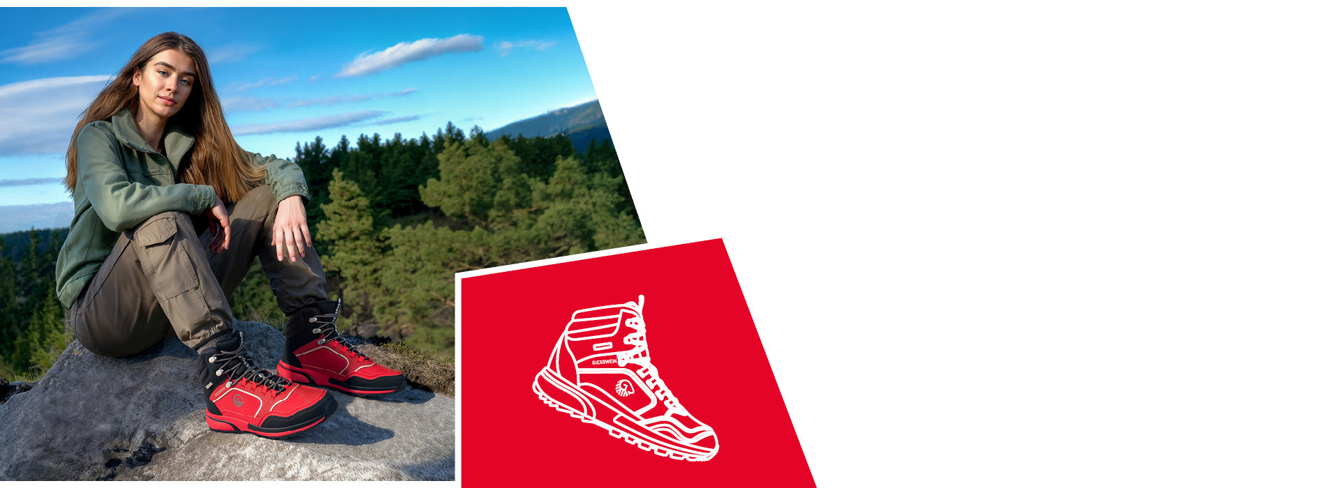 Eine junge Frau sitzt entspannt auf einem großen Felsen inmitten einer waldreichen Berglandschaft. Sie trägt eine grüne Fleecejacke, olivfarbene Cargohose und auffällige rote Wanderschuhe (Wool Cross X Alpine von Giesswein) mit schwarzem Schaft und reflektierenden Details. Im unteren Bildbereich ist ein rotes Feld mit einer weißen, stilisierten Zeichnung eines Wanderschuhs zu sehen.