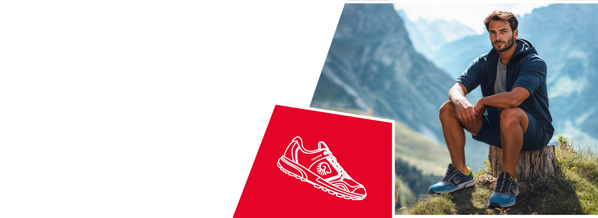 Ein sportlich gekleideter Mann sitzt auf einem Baumstumpf in einer alpinen Landschaft mit sanften Hügeln und hohen Bergen im Hintergrund. Er trägt ein dunkelblaues T-Shirt mit Kapuzenjacke, Shorts und moderne blau-graue Sportschuhe mit gelben Akzenten (Wool Cross X von Giesswein). Unten im Bild ist ein rotes Feld mit einer weißen, gezeichneten Sneaker-Silhouette und dem Schriftzug „GIESSWEIN“ zu sehen.