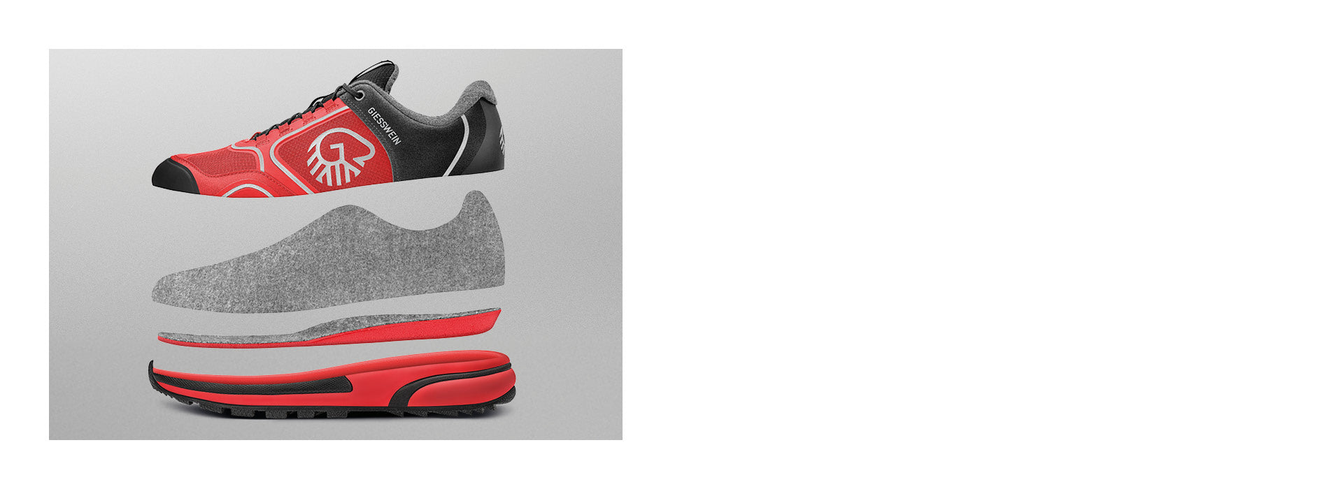 Darstellung eines roten Sportschuhs der Marke Giesswein (Wool Cross X) in aufgeschnittener, explodierter Ansicht. Die einzelnen Schichten des Schuhs sind übereinander schwebend angeordnet, von oben nach unten: äußere Textilhülle mit Giesswein-Logo, graue Innenschicht aus Merinowolle, gepolsterte Einlegesohle und robuste Außensohle in Rot-Schwarz mit Profil. Der Hintergrund ist neutral grau. Die Abbildung visualisiert den Aufbau und die Materialien des Schuhs.