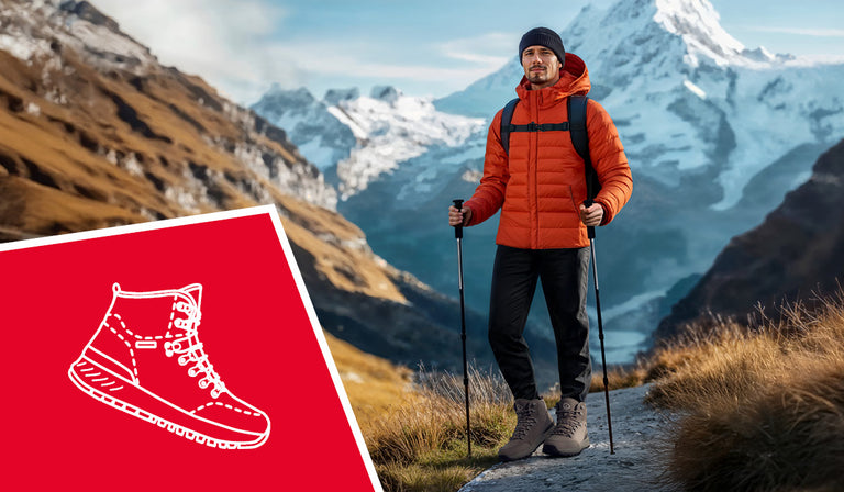 Ein Wanderer steht auf einem schmalen Pfad in den Alpen, umgeben von schneebedeckten Gipfeln und felsigen Berghängen. Er trägt eine orange Daunenjacke, dunkle Hose, Mütze und robuste Wanderschuhe (Merino Leather Alpine von Giesswein). In den Händen hält er zwei Trekkingstöcke. In der linken unteren Ecke des Bildes ist ein rotes Symbolfeld mit einer weißen Zeichnung eines Wanderschuhs eingeblendet.