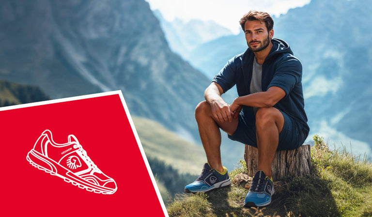Ein sportlich gekleideter Mann sitzt auf einem Baumstumpf in einer alpinen Landschaft mit sanften Hügeln und hohen Bergen im Hintergrund. Er trägt ein dunkelblaues T-Shirt mit Kapuzenjacke, Shorts und moderne blau-graue Sportschuhe mit gelben Akzenten (Wool Cross X von Giesswein). Unten im Bild ist ein rotes Feld mit einer weißen, gezeichneten Sneaker-Silhouette und dem Schriftzug „GIESSWEIN“ zu sehen.