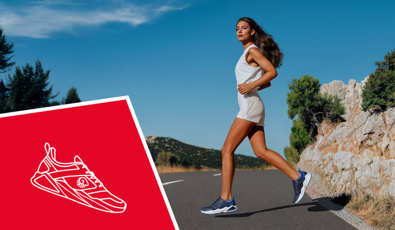 Frau joggt auf einer kurvigen Bergstraße bei sonnigem Wetter. Sie trägt ein weißes Sportoutfit und blaue Laufschuhe (Wool Peak von Giesswein). Im Hintergrund sind Felsen, Büsche und ein klarer blauer Himmel zu sehen. In der linken unteren Ecke befindet sich ein rotes Feld mit einer weißen Illustration eines Sneakers.