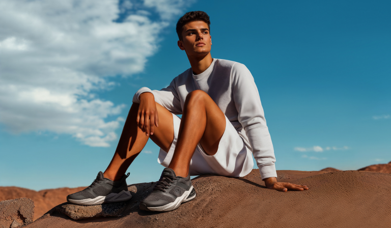 Ein junger Mann sitzt auf einem Felsen in einer Wüstenlandschaft, trägt ein weißes Sweatshirt und eine weiße Shorts. Er hat schwarze Sneakers (Wool Peak von Giesswein) an und schaut in die Ferne. Der Himmel ist blau, mit ein paar Wolken, und der Hintergrund zeigt eine trockene, bergige Landschaft.