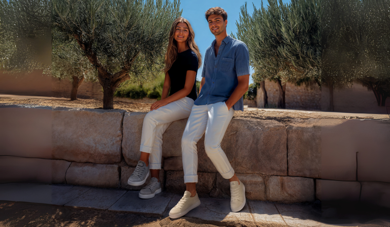 Zwei junge Erwachsene sitzen entspannt auf einer Steinmauer, die von Olivenbäumen umgeben ist. Die Frau trägt graue Sneakers (Wool Sneaker von Giesswein) und ein schwarzes T-Shirt, während der Mann weiße Sneakers (Wool Sneaker von Giesswein) und ein hellblaues Hemd trägt. Beide haben weiße Hosen an und genießen das sonnige, mediterrane Ambiente.