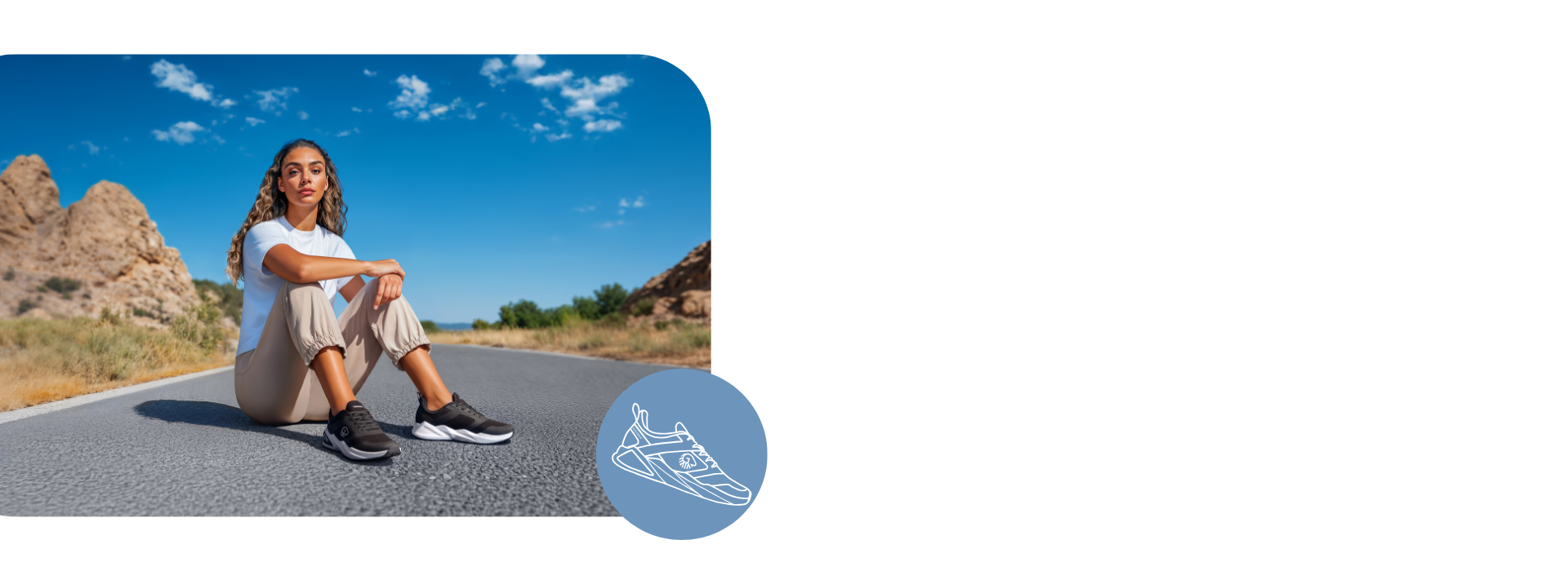 Junge Frau mit langen gelockten Haaren sitzt entspannt auf einer Straße in Wüstenlandschaft. Sie trägt ein weißes T-Shirt, beige Hosen und schwarze Giesswein Sneaker mit weißer Sohle. Im Hintergrund Felsformationen und blauer Himmel.