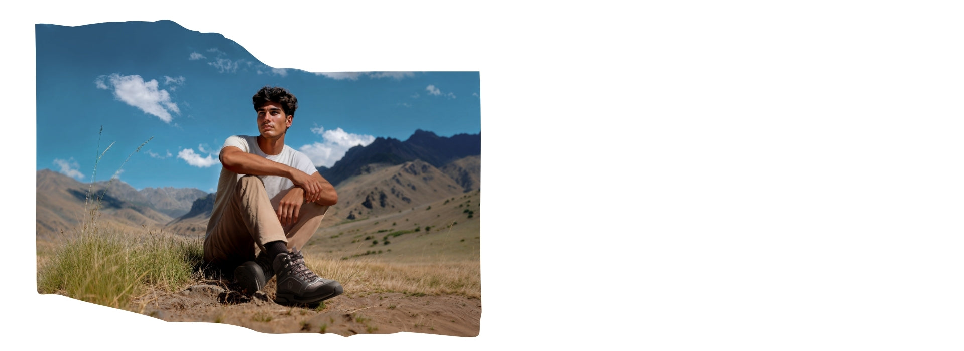 Ein junger Mann sitzt in beiger Wanderkleidung und grauen Trekkingstiefeln (Wool Cross X Alpine von Giesswein) im Gras einer weiten Berglandschaft. Er blickt nachdenklich in die Ferne. Der Himmel ist blau mit vereinzelten weißen Wolken, im Hintergrund erheben sich karge, felsige Berghänge.
