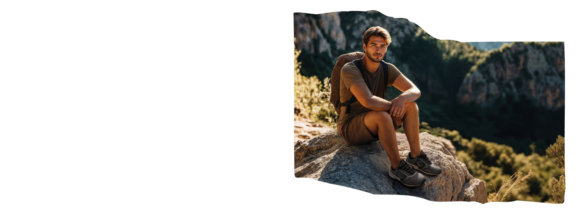 Ein junger Mann sitzt in Wanderkleidung mit Rucksack auf einem Felsen und blickt in die Kamera. Er trägt graue Wanderschuhe (Wool Cross X von Giesswein). Im Hintergrund erstreckt sich eine beeindruckende Berglandschaft mit grüner Vegetation und Felsformationen. 