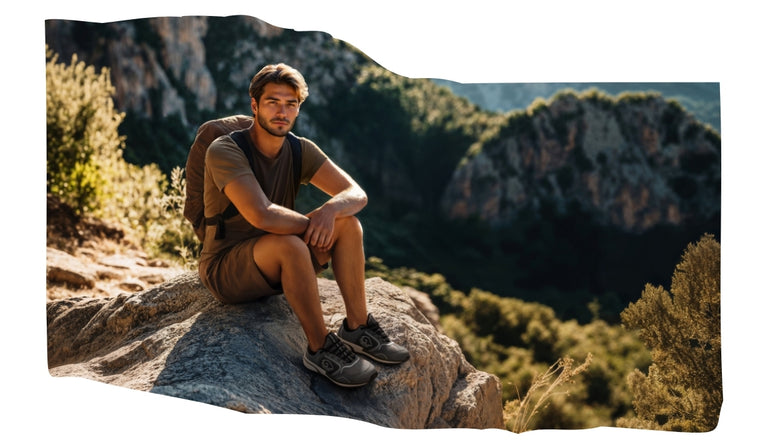 Ein junger Mann sitzt in Wanderkleidung mit Rucksack auf einem Felsen und blickt in die Kamera. Er trägt graue Wanderschuhe (Wool Cross X von Giesswein). Im Hintergrund erstreckt sich eine beeindruckende Berglandschaft mit grüner Vegetation und Felsformationen. 