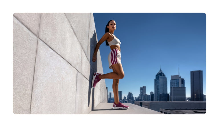 Frau in weißem Sport-BH und gestreiften Shorts mit roten Sneakers beim Laufen auf städtischer Dachterrasse mit Wolkenkratzern und blauem Himmel im Hintergrund.
